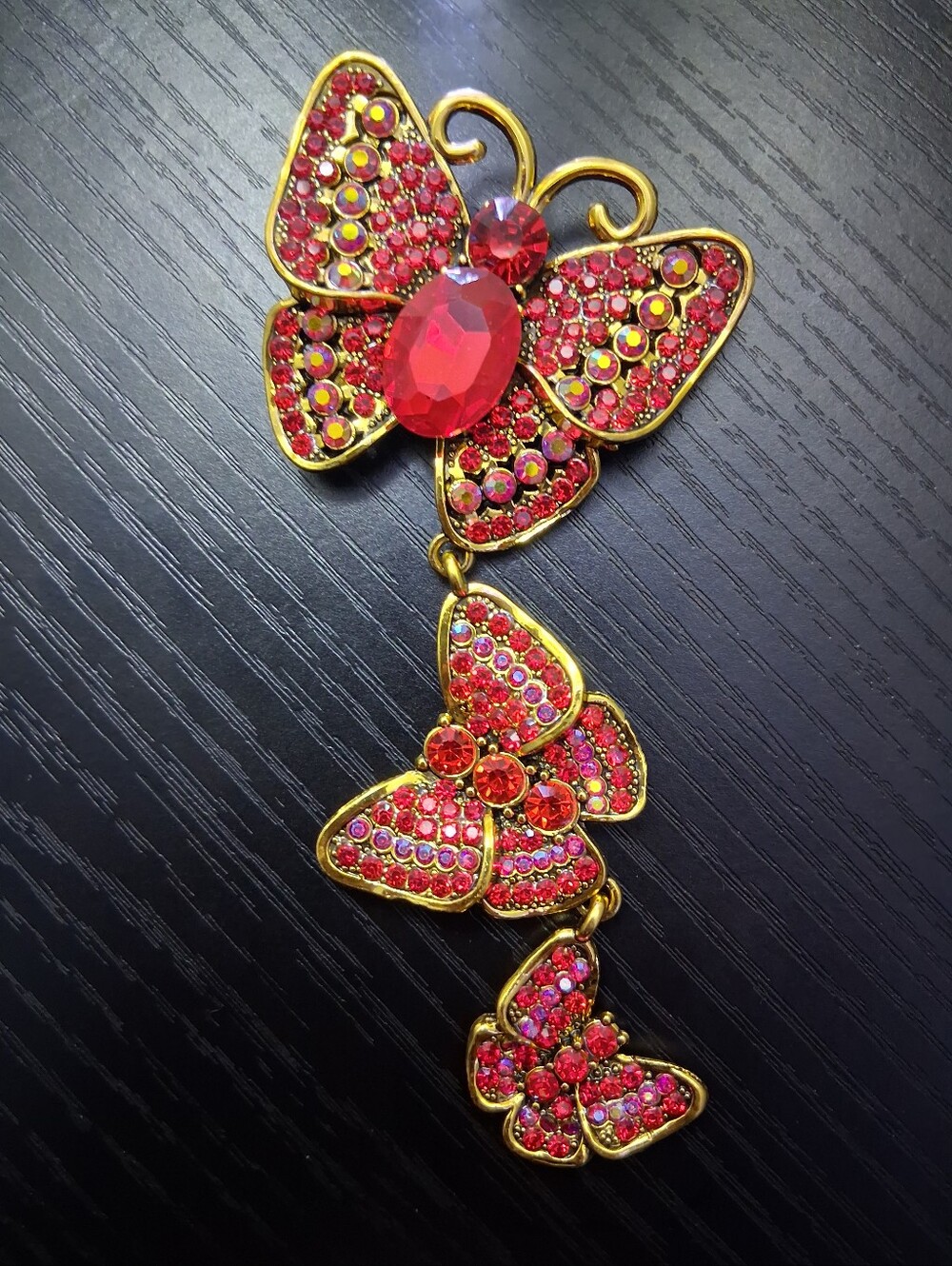 Gold & Red Butterfly Dangle Brooch
